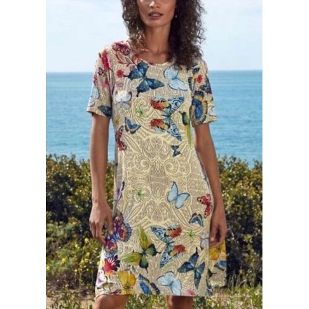 Johnny Was Mitchi Whimsical Swing Asymmetric Butterfly tropical ColorfulDress XL